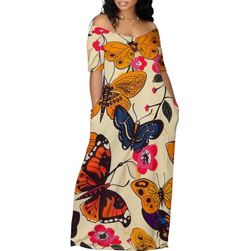 Xolivan Off The Shoulder Dresses for Women Butterfly Print Plus Size Maxi  Dress Casual Comfy High Waist Short Sleeve Spring Summer Beach Loose Fit  Flowy Long Dresses with Pockets at Amazon Women's