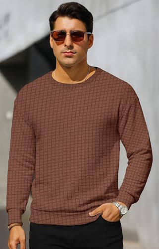 Image of KAJARU Quilted Pattern Long Sleeve Sweatshirt, Round Neck, Men's Casual Pullover, Grey, Black, Beige