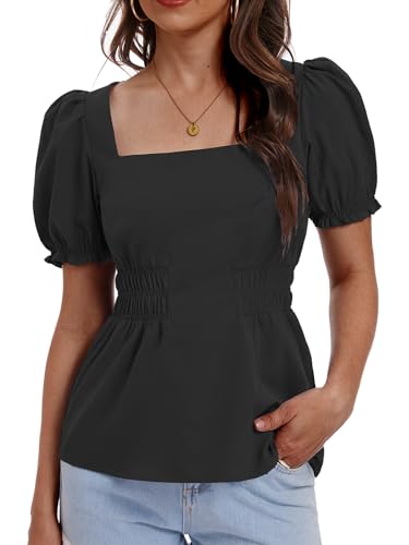 WUDODO Women's Summer Peplum Tops Square Neck Ruffle Trim Puff Cute Flowy Short Sleeve Shirt Blouse Smocked Babydoll Dressy Casual Teen Shirts Black L