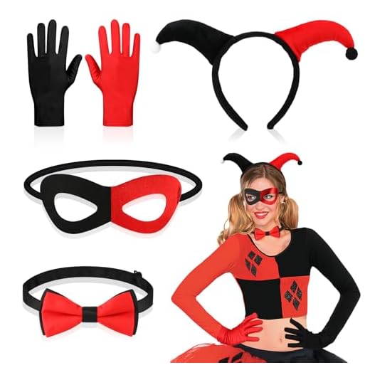 5 Accessoires Deguisement Halloween Clown, Bandeau Clown Masque Nœud Papillon Gants Clown, Accessoire Halloween Deguisement Clown Tueur Quinn Costume Clown Femme pour Fête Halloween Carnaval Cosplay