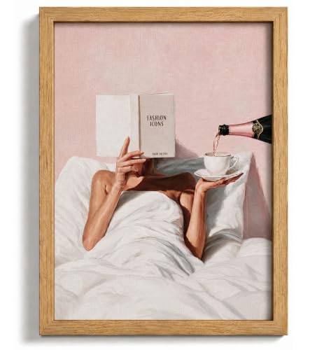 YIJONLFH framed pink illustration of a woman reading a fashion book