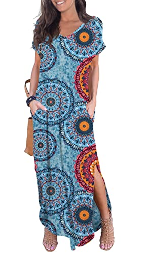 GRECERELLE Damen Sommer Maxi Casual Langes Kleid Lose Kurzarm Blumendruck Maxikleid mit Tasche, A16 Mix Blue Floral, Medium Cover