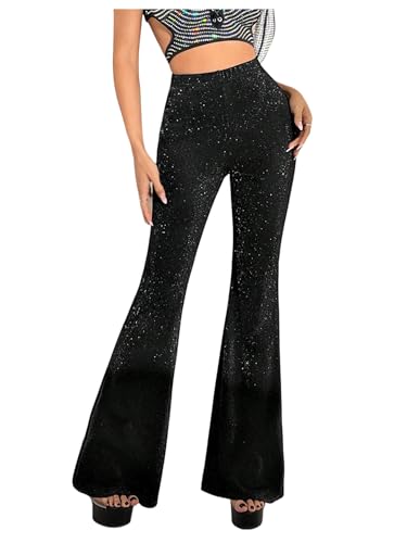 OYOANGLE - OYOANGLE Women's Glitter Flare Pants - High Waisted Sparkly Bell Bottom Pants - Best Deal on Amazon