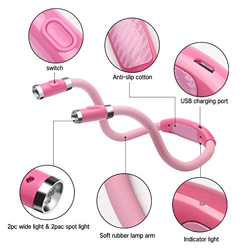 Rechargeable LED Book Light, Bendable Night Reading Light Lamp with 4 Adjustable Brightness Control, Hands Free, for Bed Reading or Read in Car (Pink)