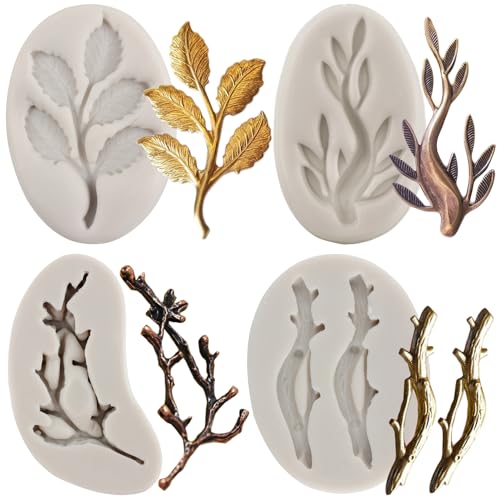 MYPRACS Branche D'arbre Moule En Silicone Branche De Brindille Feuilles Fondant Moules Pour Chocolat Bonbons Décoration De Gâteau Cupcake Topper Pâte De Gomme Ensemble De 4