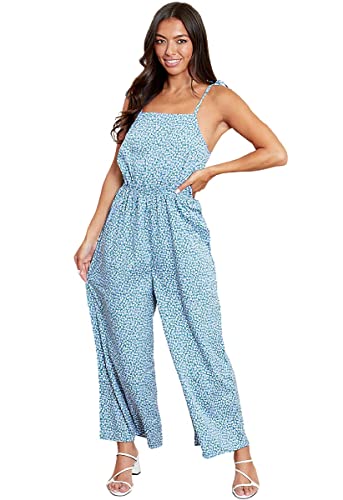 Image of Dressmechic Womens Ladies Blue Floral Ditsy Print Square Neck Casual Jumpsuit