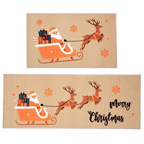 Christmas Kitchen Rug Mat Set 2023 New Non Slip Decorative Deer Sled Linen Orange Soft Floor Mat For Kitchen Bedroom Indoor Christmas Home Decor 2 Pack - 28"X17" & 46”X17 #TOP17