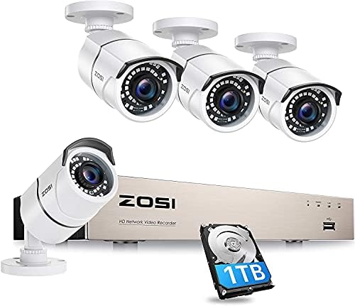 ZOSI 8CH PoE CCTV Security Camera System, 5MP H.265+ NVR with 1TB Hard Drive, 4x5MP Outdoor Metal PoE IP Cameras, 120ft Night Vision, Motion Detection, Remote Access, IP67 Waterproof