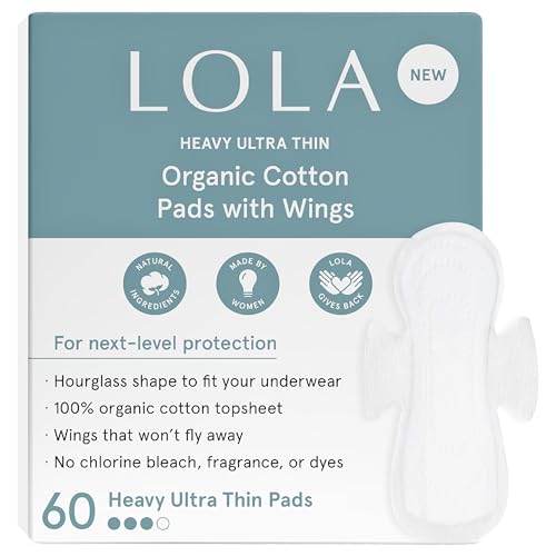 LOLA Organic Cotton Pads, 60 Count - Ultra Thin Pad with Wings, Cotton Organic Pads for Women, HSA FSA Approved Products Feminine Care, Heavy