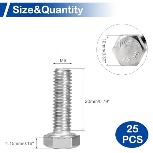 Image of MroMax 25Pcs M6-1 Hex Bolts, M6 x 20mm Hex Head Screws Bolts | 304 Stainless Steel 18-8, Fully Threaded, External Hex Drive, for Panel Mounting and Light Bracket