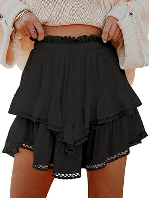 Aoudery Women's Flowy Boho Ruffle Tiered Skort – High Waist Mini Shorts for Golf & Tennis, Black L