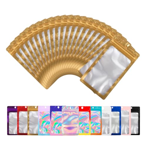 100 Pack Mylar Bags with Clear Window,Food Storage Smell Proof Bags,Scratch Resistant Hand Packaging,Resealable Bags for Small Bussiness Cookies Candy Sample (Gold, 2.24 * 3.74 inch)