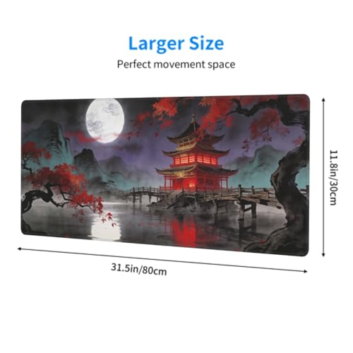 Image of Black Red Teal Japanese Mouse Pad 31.5x11.8 XL Anime Mountain Lake Pavilion Tree Extended Large Mousepad Keyboard Mouse Mat Desk Pad with Non-Slip Rubber Base Stitched Edges for Home Office Game
