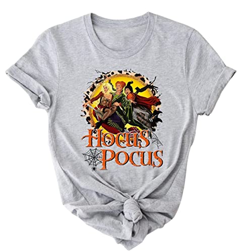 Vkegnio Sanderson Sisters Cute T Shirt Halloween Graphic Tee Women It's Just A Bunch Of Hocus Pocus Funny Shirt Fall Casual Top (Large, Gray2) #TOP9
