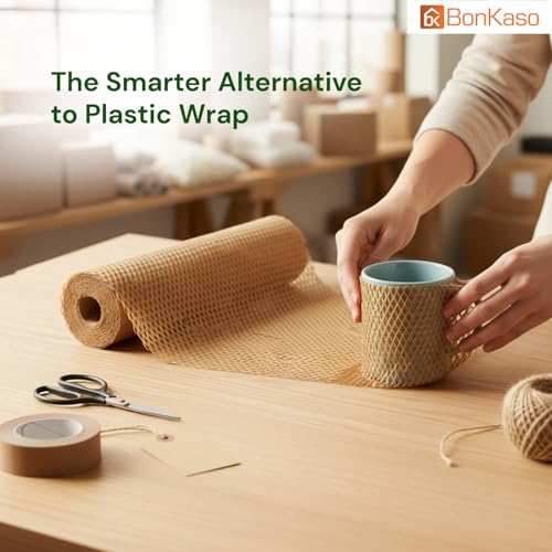 Image of BonKaso Honeycomb Paper Wrap Roll 100M x 12 Inch | 80 GSM Eco-Friendly Brown Packaging Roll | Cushioning & Shockproof Wrap for Fragile Items | Sustainable Packing Material for Shipping