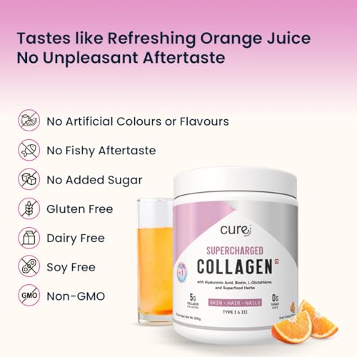 Image of Supercharged Collagen Powder 200g | Type I and III Collagen Peptides with Biotin L-Glutathione Sea Buckthorn | Skin Hair Nails Support | Orange | Men and Women | 25 Servings