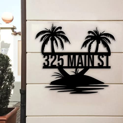 Custom Tropical Palm Tree Metal Address Sign Personalized Beach House Number Wall Decor Outdoor Pool...