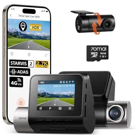 70mai Dash Cam Front and Rear A510,1944P+1080P with STARVIS 2 IMX675 and 64GB Card, Dash Camera for Cars, 4G LTE Support, ADAS, Built-in GPS WiFi, APP Control, HDR, 24H Parking Mode, Loop Recording Cover
