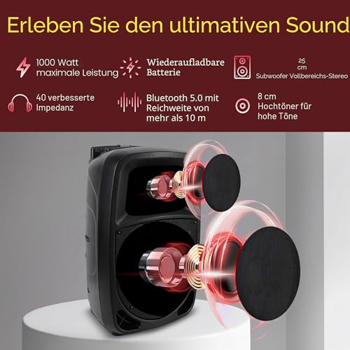Pyle Musikbox Bluetooth Groß, Party Lautsprecher- 1000W, Partybox- mit Mikrofon, Soundbox- 10” Subwoofer, PA Anlage- Komplettset, Karaoke Maschine- LED Akku Anzeige, Party Speaker- MP3/USB/SD