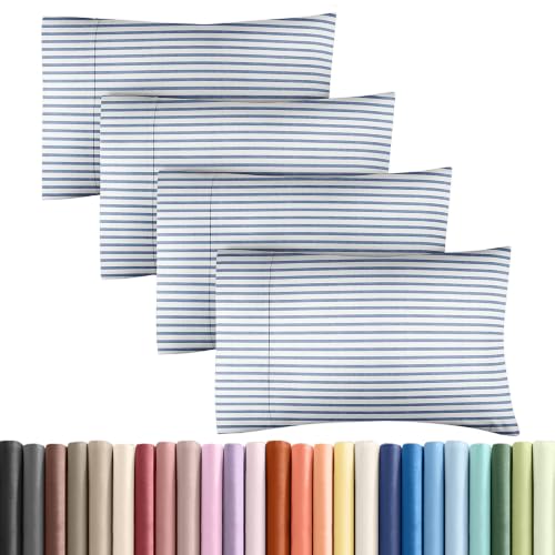 King Pillow Cases - 4 Pack Pillowcase Covers - 20" x 40" (Blue Stripes)