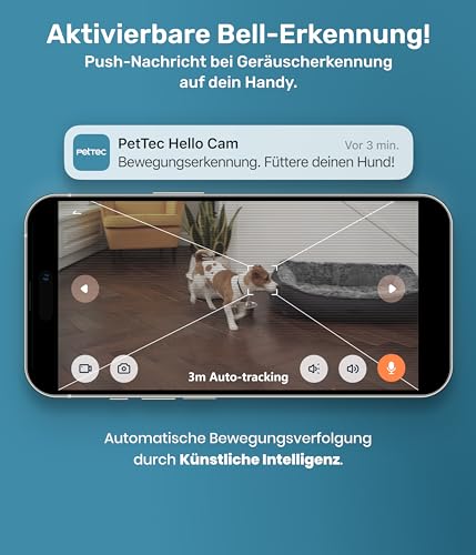 PetTec® Haustierkamera 360° und automatischer Futterspender mit Leckerliauswurf - via App & Multitaste - Bell-Erkennung - 3MP Nachtsichtfunktion - Hundekamera & Katzenkamera