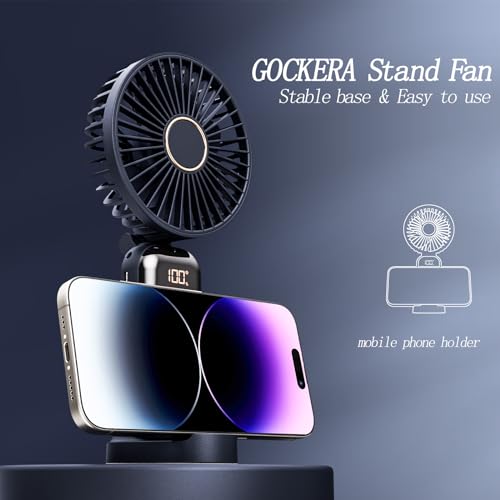 Image of GOCKERA Portable Fan, 4200mAh Battery Operated Fan, 5 Speeds&Digital Display, Makeup Fans for Women with Base, 180Foldable 3in1 Handheld /Neck /Desk Fan for Outdoor Indoor,Ultra Quiet (Blue)
