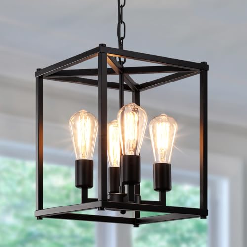 Black Chandelier Dining Room Light Fixtures,4-Light Farmhouse Chandelier Metal Cage Hanging Pendant Lighting Adjustable Height,Industrial Hanging Lights for Kitchen Island Dining Room Hallway Foyer