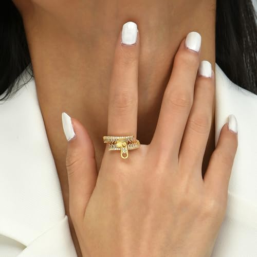 Gold Statement Ring For Women, Elegant Zipper Design Cubic Zirconia Moissanite 14k Golden Plated Non Tarnish Fashion Adjustable Promise Rings For Her Jewelry Gifts2