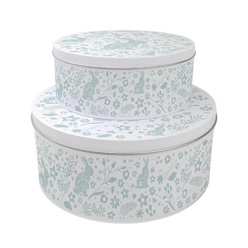 Image of Purely Home Green Wild Rabbits Set of 2 Cake Tins Gift - Nesting Round Large & Medium Metal Storage Containers for Cakes and Baking