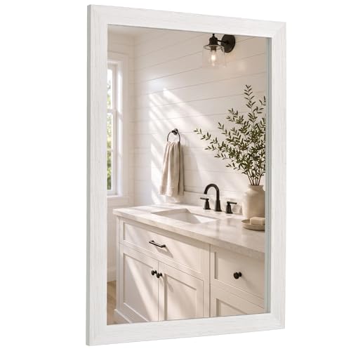 FurniXpress 24"x36" Farmhouse Wall Mirror for Mantle & Bathroom, Distressed White Wood Texture, Coastal Rustic Vanity Mirror for Horizontal/Vertical Decor, Vintage Style