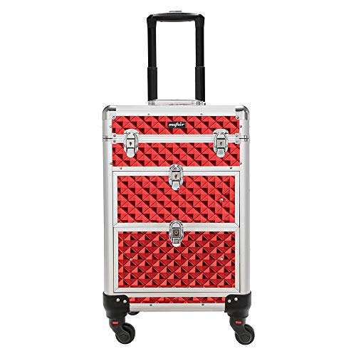 mefeir Rolling Makeup Train Case Aluminum Cosmetic Luggage Lockable Travel Case Trolley with 4 360-Degree Casters & 2 Sliding Deep Drawers for Professional Artist Hair Stylist, Red