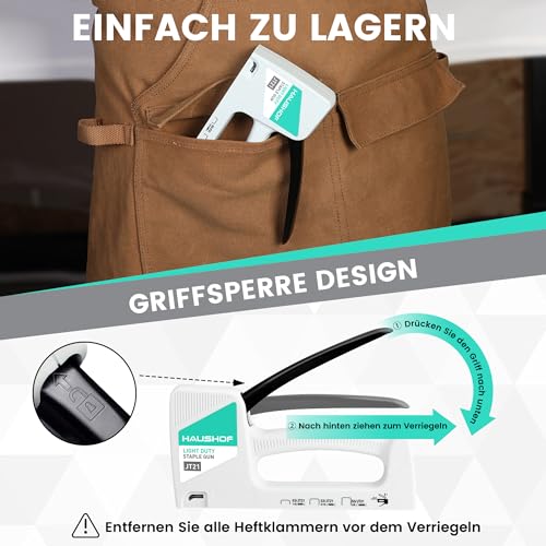 HAUSHOF Handtacker Tackerpistole Polsterung Heftpistole Holztacker für Klammern Typ 53, mit 800 Klammern 8mm und Klammerentferner für Holz, Stoff, Möbel