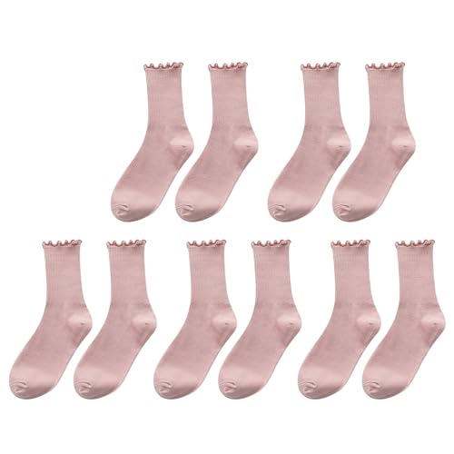 5 Pairs Womens Cotton Socks Ruffle Turn Cuff Sock Casual Crew Frilly Sock Knitted Ruffled Socks for All (Pink, One Size)