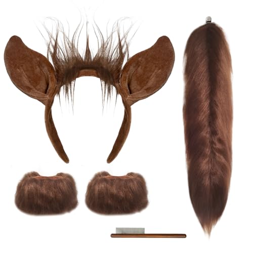 Horse Costume Accessory Set 4 Pcs Halloween Hourse Animal Costume, Inlcude Horse Tail Ears Headband Wristband and Comb Animals Cartoon Characters Halloween Christmas Cosplay Dress Up Animal Suit