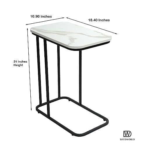 Image of DECOWORLD|| Premium Side Table || Metal Side Table with Wooden Top || End Table for Living Room, Sofa C Type Table or Bed Side Stand (White Marble Top Finish on Engineered Wood with Black Stand)