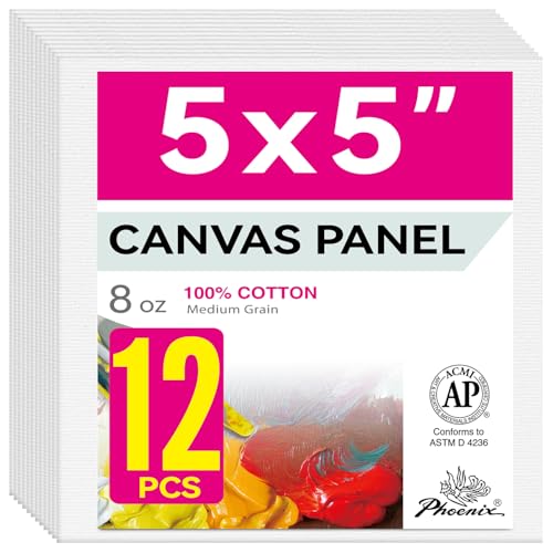 PHOENIX Small Painting Canvas Panels 5x5 Inch, 12 Value Pack - 8 Oz Triple Primed 100% Cotton Acid Free Square Canvas Boards for Painting, White Blank Flat Canvas Boards for Acrylic, Oil Paints