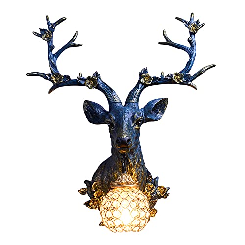 Antler Wall Lights For Bedroom Gold Wall Lights For Hallway Stairs American Retro Deer Head Antlers Blue Resin Lamp Body Crystal Lamp Shade Decorative Wall Lamp For Living Room Aisle Corridor (Black) #TOP14