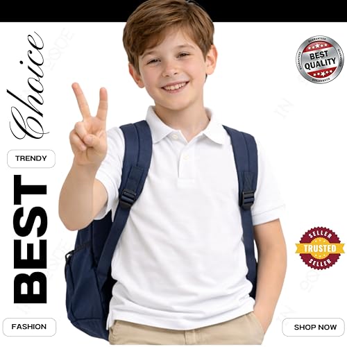 Image of Kids Boys Polo T-Shirt | Half Sleeves | Organic Cotton Rich Bio-Wash Fabric | Ultra Soft & Breathable | Regular Fit | Plain Solid Colour Casual Wear & School Uniform