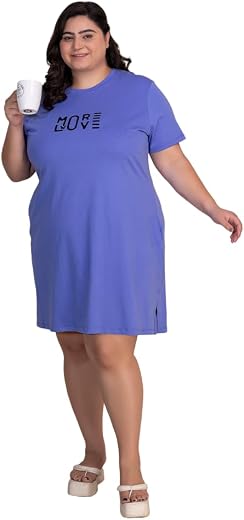 TITTLI Plus Size Cotton Nightdress for Women | Knitted Typography Print Knee-Length Nighty with Side Slit and Pocket | Sof...