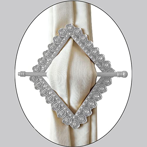 Premius Flower with Diamond Decorative One Pair Curtain Tie Back, Silver, 8x7 Inches