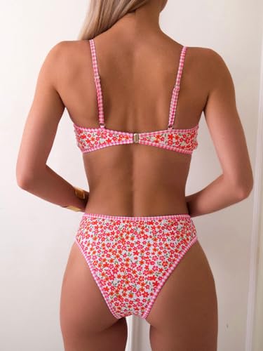 Image of Fanuerg Women's Triangle Bikini Sets O Ring Linked Two Piece Swimsuits Floral Printed Cheeky Bathing Suit