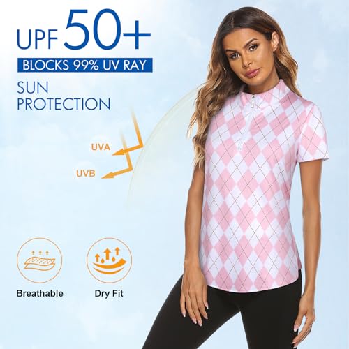 Gemulate Women's Polo Shirts for Women Ladies Short Sleeve t Shirts Floral Polo Shirt Golf Tennis Zip Up Workout Tank Tops Pink S - Image 2