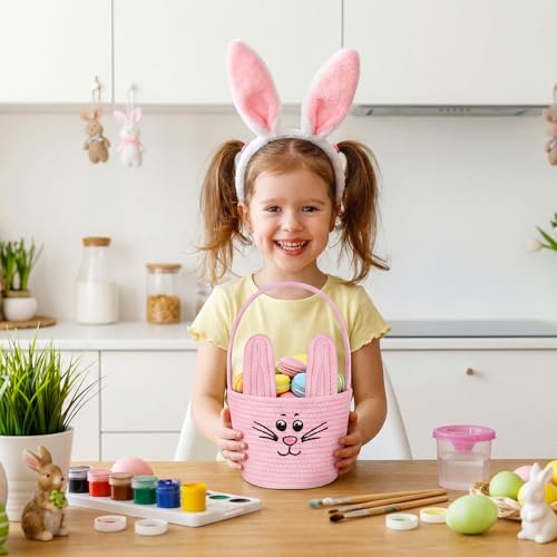 Image of Teenyyou Woven Easter Baskets Woven Bunny Baskets with Handles Eggs Hunt Bucket Rabbit Cotton Rope Basket Baby's First Easter Basket Gift for Toddler Boys Girls(Macaron Pink)