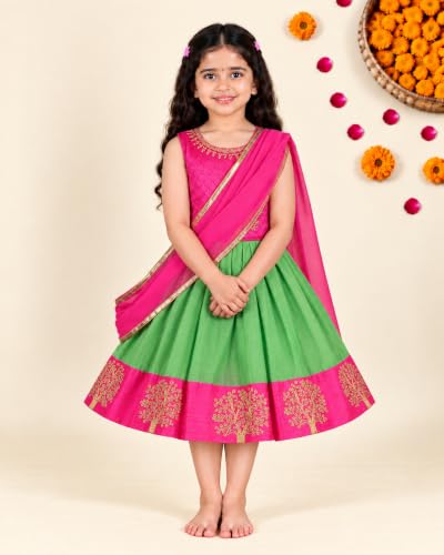 Image of Wish Karo Girls' Ethnic Lehenga Choli Dress with Dupatta - Pink & Green Traditional