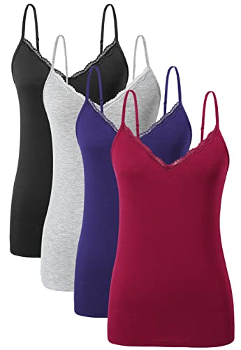 Ymmchy Damen Tanktop mit Spitzen Unterhemd Spaghettiträger Basic Top V-Ausschnitt Verstellbare Trägertop 4er Pack