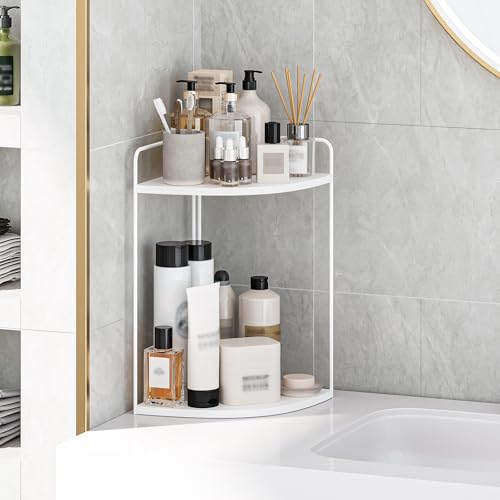 Image of Forest Angle Bathroom Counter Organizer,Countertop Organizer,Vanity Organizers,Bathroom Storage,Bathroom Sink Caddy,Counter Shelf,Corner Counter,Corner Shelves(White)
