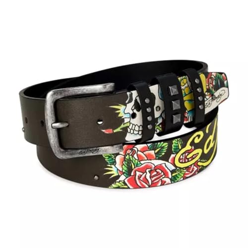 ED HARDY Men's 38mm Skulls & Roses Print Studded Belt2