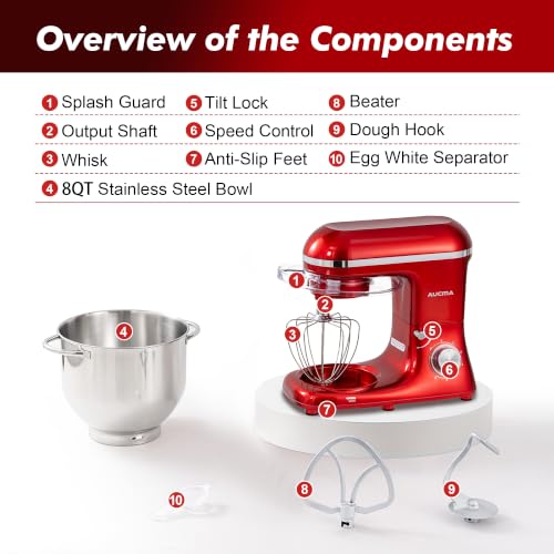 Image of Aucma Stand Mixer, 8QT 900W 6-Speed Tilt-Head Food Mixer, Kitchen Electric Mixer with Dough Hook, Wire Whip & Beater (Red, 8QT)