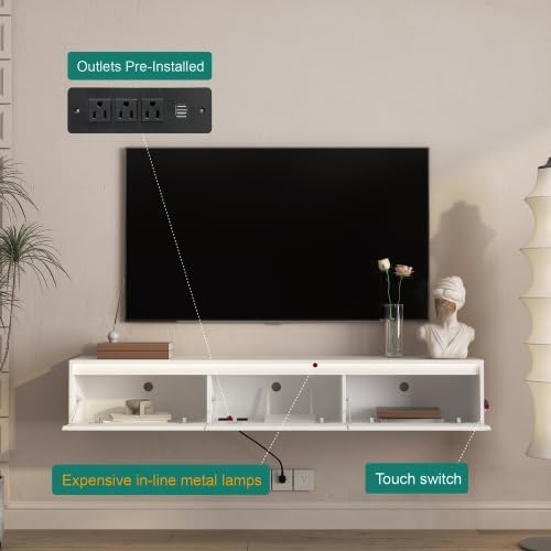 Ferand High Gloss Floating TV Stand Wall Mounted with LED Lights & Power Outlet, Modern Suspended TV Cabinet with USB Ports, Storage Shelves & Cable Management for Living Room Entertainment Center
