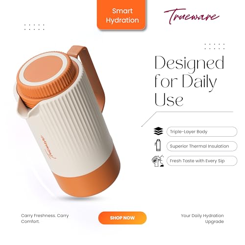 Image of Trueware Amaze ISI Certified Inner Steel Thermoware 1000 ML Hot & Cold Flask Jug, BPA Free, Leak Proof, Ideal for Tea, Coffee, Water, Hot and Cold Beverages